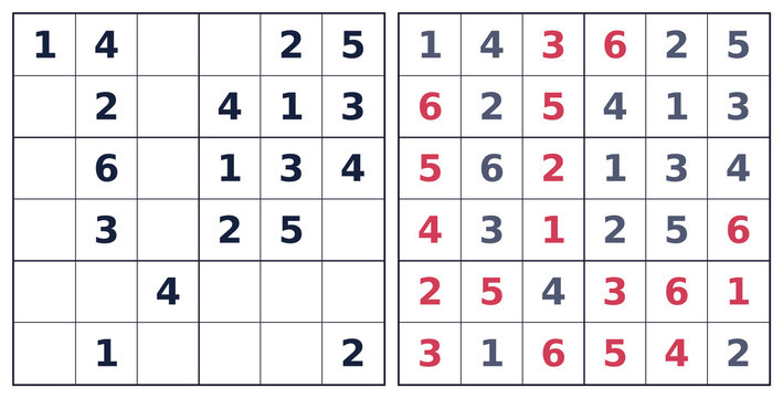 Complete 6x6 Sudoku with red solution on black grid. Transparent PNG for brain games