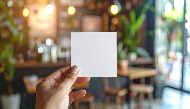 Person holding blank white square card in cafe, empty space for text or design, warm lighting and green plants in background
