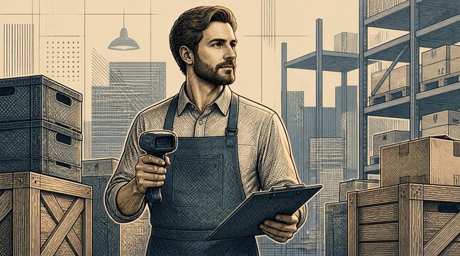 A determined and precise inventory manager inspecting stock with a scanner and clipboard in a modern industrial warehouse setting, capturing a professional logistics and supply chain workflow.