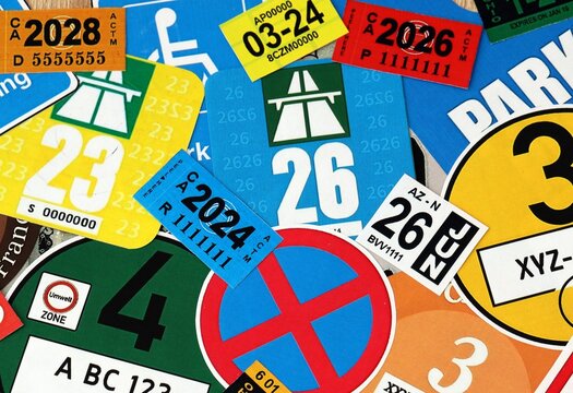 Pattern of traffic and road signs including warning symbols, Swiss and German vignettes