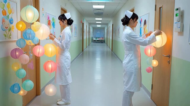 看護師たちが,思いやりのあるケアと回復を強調する紙提灯で病院の廊下を飾っている。