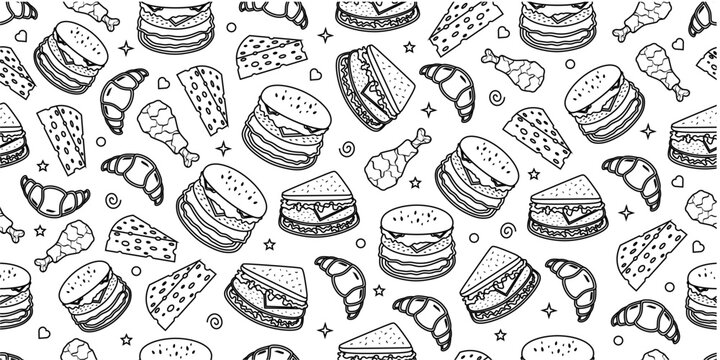 Fast foods doodle seamless pattern. Seamless fast foods pattern in doodle style. Seamless pattern with burger, croissant, sandwich and cheese. Fast foods doodle background design.