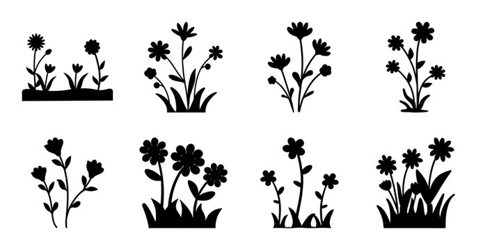 Black and white flower icons in a row - Minimalist black and white flower icons arranged neatly in a row, perfect for design projects needing simple botanical graphics.
