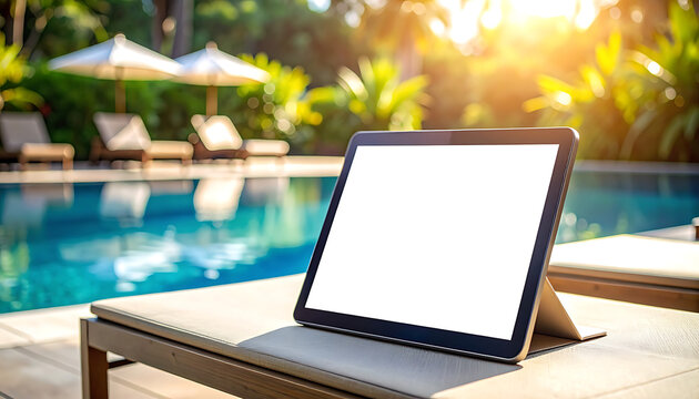 Tablet computer displaying blank white screen on lounge chair beside swimming pool, sunny tropical resort, relaxation and travel concept