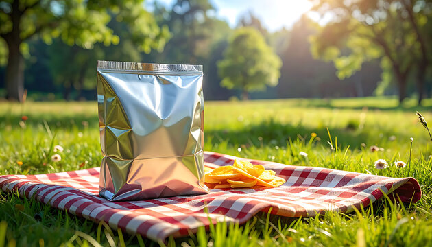 Silver foil snack bag and cheese crackers on checkered picnic blanket in sunlit grassy park, outdoor leisure and summer snacking