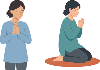 Obraz premium Illustration of women praying in peaceful posture, featuring standing and kneeling prayer poses with calm spiritual expression isolated on white background.