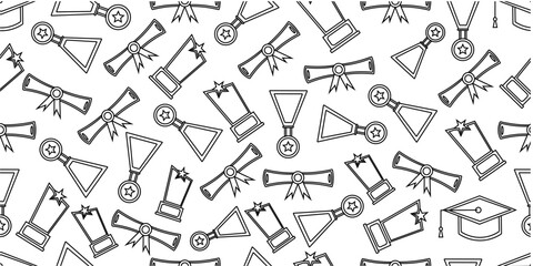 Obraz premium Graduation theme pattern background. Seamless graduation attributes doodle pattern. Graduation supplies icon. Set of graduation atttibutes icon.