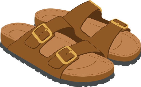 Brown double-strap buckle sandals with open toe design, cushioned footbed, and textured black sole, casual summer footwear illustration isolated on white background.