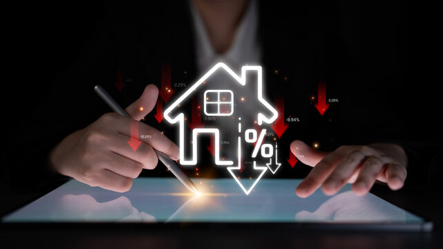 Real estate market analysis with decreasing home values and interest rates represented by a house symbol and downward arrows in a dark setting Sigmoid