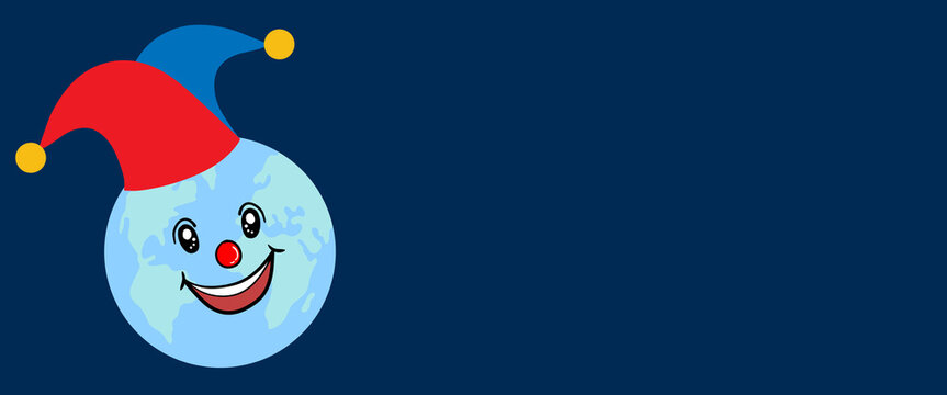 International joke day background with smiling cartoon earth wearing clown hat  and blank copy space