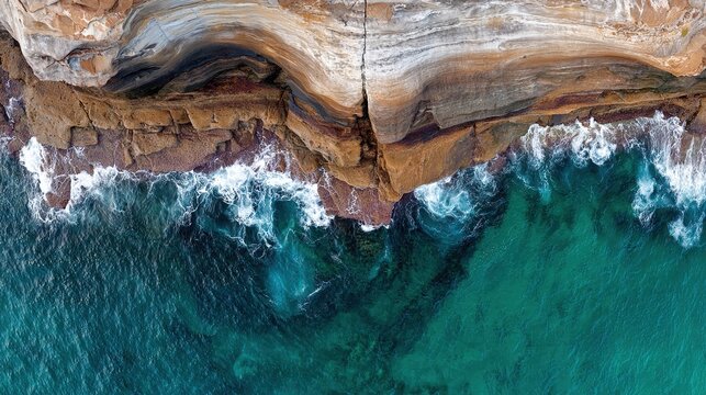 overhang. Aerial view of ocean waves eroding the base of a coastal cliff. ESG reports, sustainability campaigns, designed for environmental awareness campaigns, used by policy analysts.