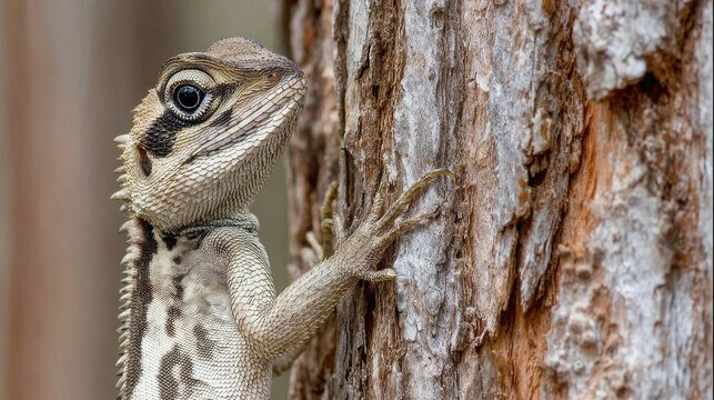 Boyd forest dragon lizard camouflaged on rough bark tree in tropical rainforest of Northern Queensland Australia. Arboreal reptile blending naturally into textured woodland habitat