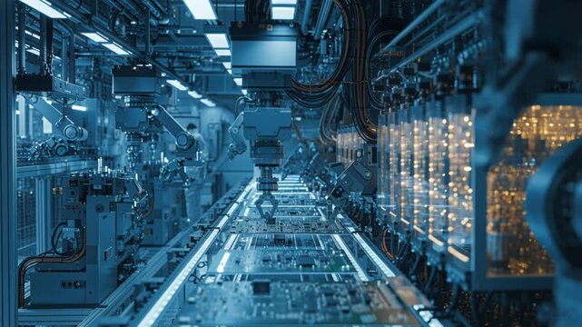 Automated semiconductor production line robotic arm circuit board factory technology industry automation high tech precision engineering blue light