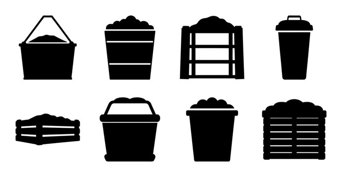 Black recycling bins and containers set icon - Minimalist black and white icons of different recycling bins and containers arranged neatly for eco-friendly or waste management designs.