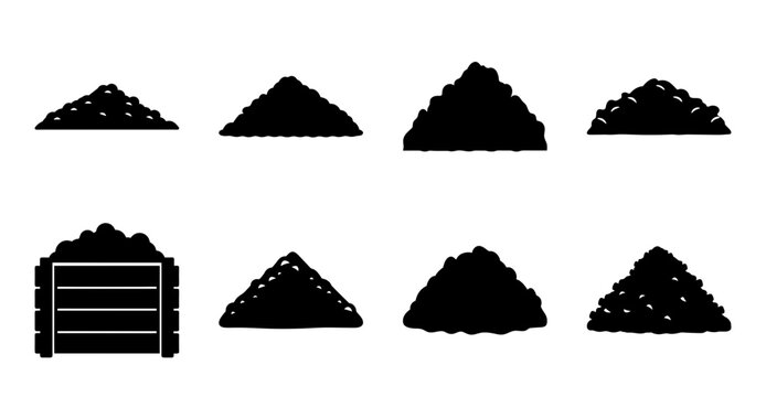 Black mountain and hill icon set with truck - Minimalist vector icons showing black mountains, hills, and a truck for graphic design or illustration projects.