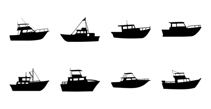 Eight stylish boats sailing illustration - A clean black and white line art set of eight different boat styles, perfect for nautical or maritime-themed projects.