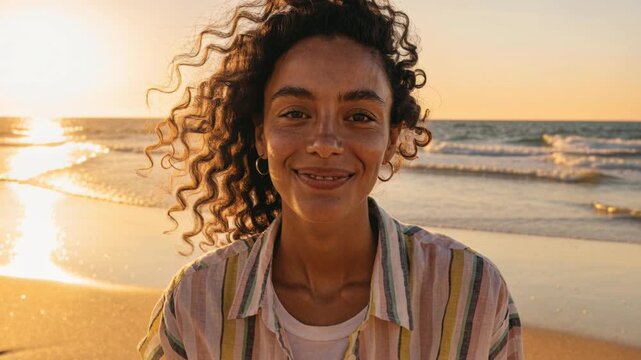 Young woman curly hair beach sunset smile striped shirt nose patch hoop earring, joyful portrait in golden light ocean background feeling carefree