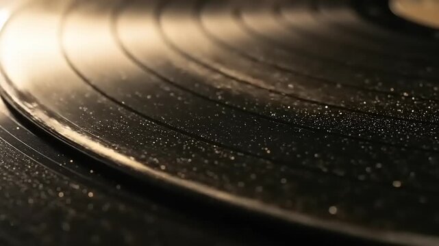 Closeup of a spinning vinyl record on a turntable capturing the grooves and reflections of light.