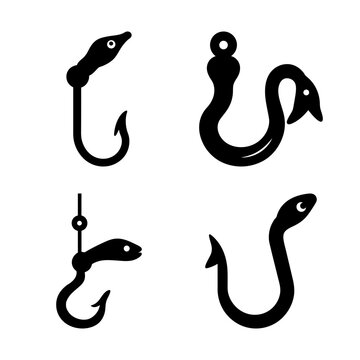 Black fishing hooks and fish icons set - Set of four stylized black vector icons showing fishing hooks and fish shapes, ideal for sports, travel, or fishing-related projects.