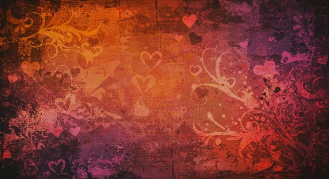 Dark red and orange grunge textured background with subtle floral scrolls and heart patterns.