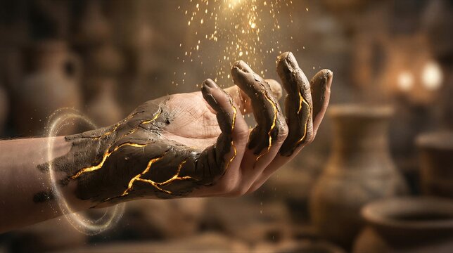 Hand made of clay glowing with inner light. Creation of human by God as described in Genesis. Biblical scene of divine spark giving life to dust. Spiritual transformation concept.