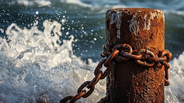A rusty chain wrapped around a weathered dock post with waves crashing in the background