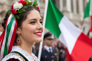 Woman wearing floral wreath and folk costume during Italy day celebration parade. Festa della Repubblica.