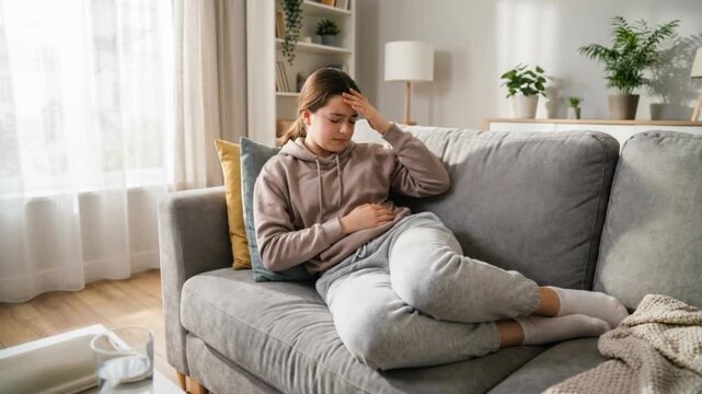 Young woman sitting on a sofa at home looking stressed and fatigued, reflecting mental health, anxiety, or emotional exhaustion.