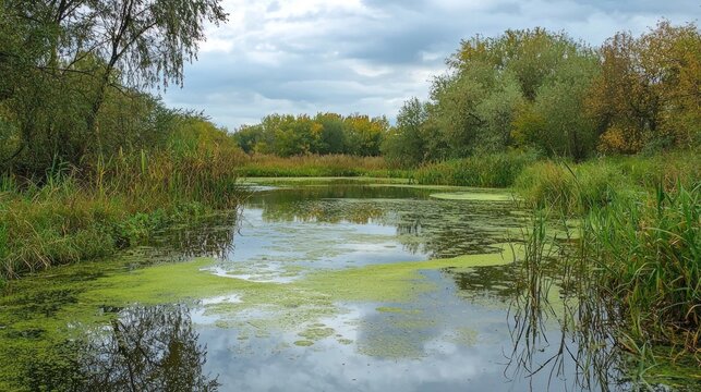 A shallow pond reflecting greenish hues from surrounding algae and overhanging willow branches on a cloudy day