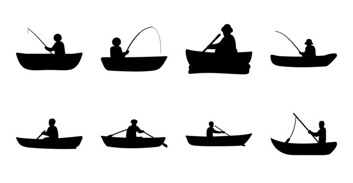 People fishing in small boats illustration - Silhouette vector illustration of people engaged in fishing activities in various small boats, suitable for editorial or lifestyle projects.