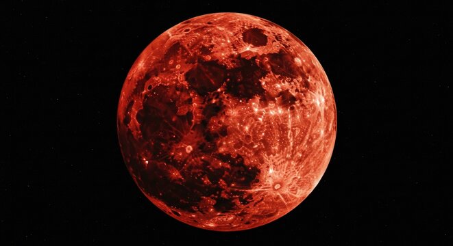 Detailed close-up of a red blood moon during a lunar eclipse against a black night sky.