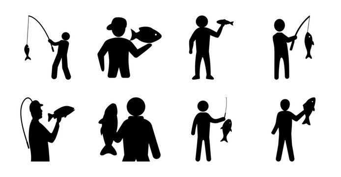 People fishing with different techniques illustration - Black and white vector illustration showing eight people using various fishing techniques and equipment in a simple, clean style.