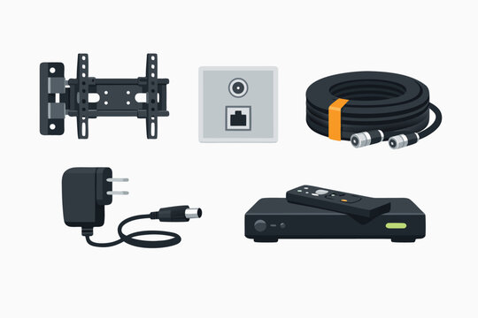 Home cable setup vector icons set featuring wall TV mount, coaxial and ethernet wall outlet port, coiled cable, power adapter, and digital set-top box with remote control for television service.