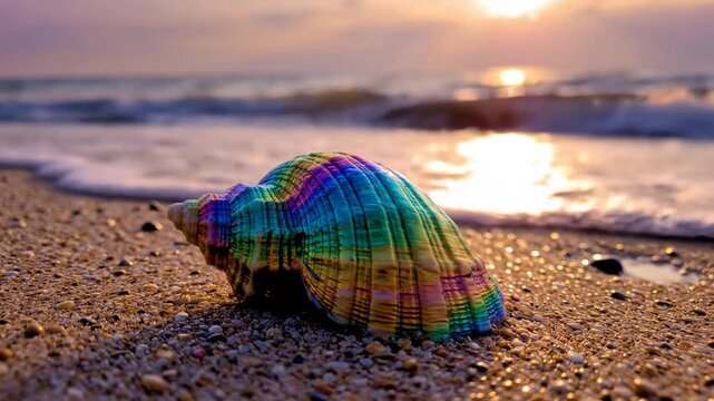 Colorful iridescent seashell on sandy beach during golden sunset