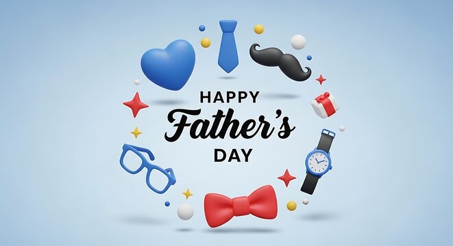 3D rendered Father Day greeting card design with floating male accessories and icons