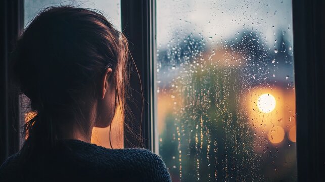 A person staring out a rainy window reflecting on a moment of bitterness