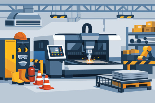 Industrial manufacturing facility with automated CNC laser cutting machine, metal fabrication workshop including safety gear, hard hat, fire extinguisher, and storage in flat vector style.