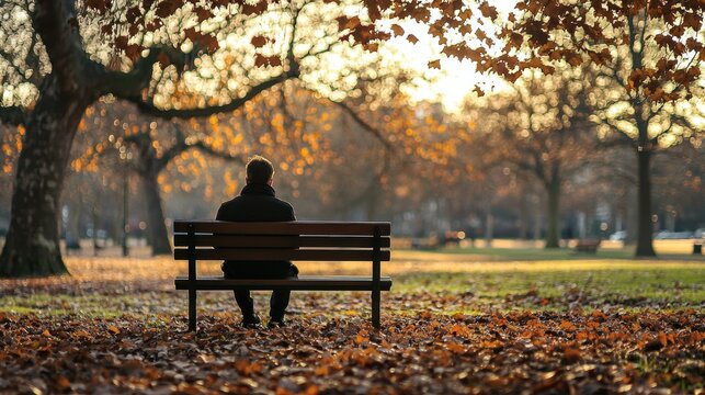 A person sitting alone on a park bench deep in thought with a distant gaze as if reflecting on a difficult life circumstance