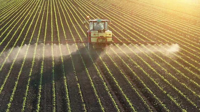 Aerial view of crop sprayer working on a corn field at sunset. Spring day beautiful landscape, rural scene. Drone shot of spraying corn to the increase crop yield.