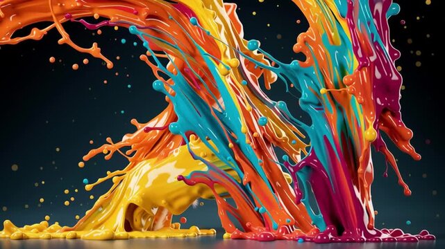 Bright colors splash and flow in a dynamic pattern. The scene captures the fluid movement of liquid textures against a dark background. This creates a vibrant visual experience.