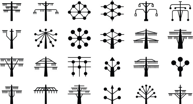 Utility pole silhouette collection with electrical transmission structures and abstract network tower vector icon set