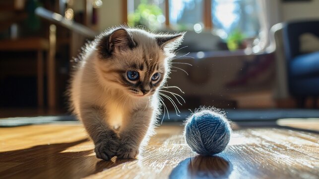 A playful kitling swatting at a ball of yarn on a hardwood floor in a sunlit living room