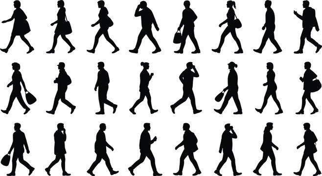 Walking people silhouette collection with men and women pedestrians isolated black vector characters for urban lifestyle design