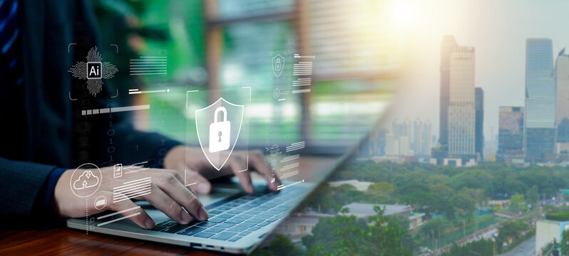 Innovation concept with corporate businessman working on laptop. Double exposure smart city background with abstract AI digital interface, data analytics, and cloud computing.