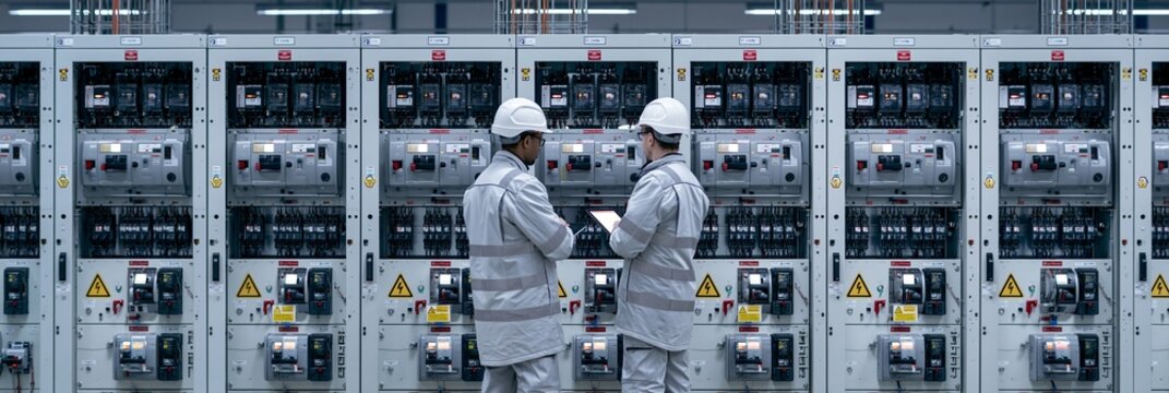 Technicians inspecting components inside indoor highvoltage switchgear cabinets featuring advanced breaker systems and safety disconnects in a clean electrical room.