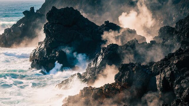 Volcanic coast volcano lava hot rock rugged cliff ocean wave dramatic seascape steam cloud rising steam sea spray smoke powerful nature scene mystic