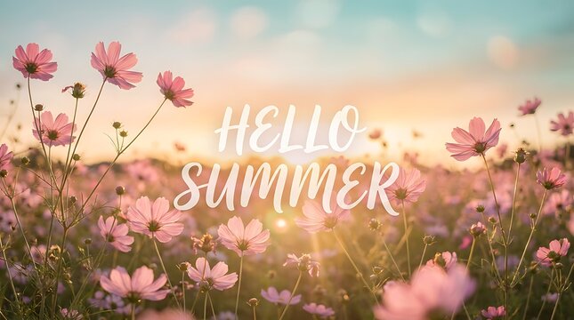 Hello summer text over field of pink cosmos flowers at sunset with warm sun rays and bokeh background.