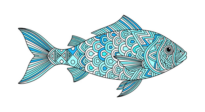 Decorative blue fish with geometric patterns on white background