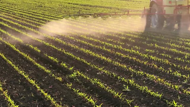 Aerial view of crop sprayer working on a corn field at sunset. Spring day beautiful landscape, rural scene. Drone shot of spraying corn to the increase crop yield.