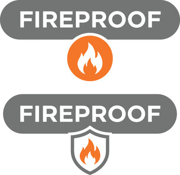 Fireproof logo icons set with flame and shield for safety and protection branding